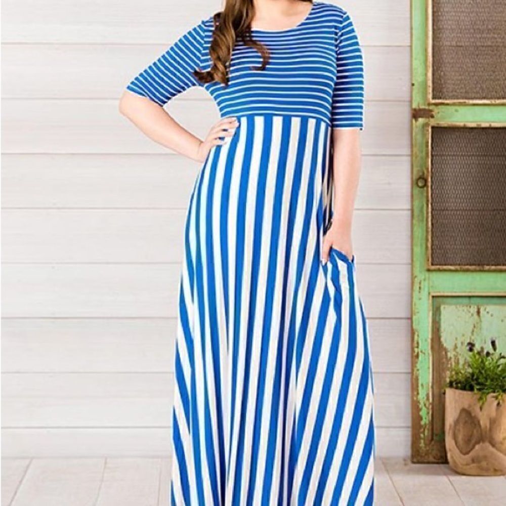 Matilda Jane Clothing MJ Blue White The Road Ahead Elbow-Sleeve Maxi Dress sz S